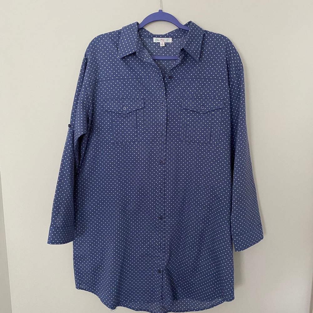 blue polka dot button front shirt dress